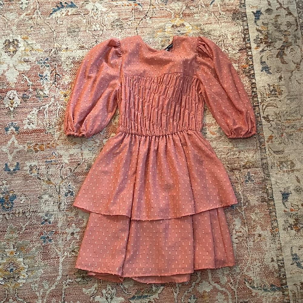 Zara Salmon color dress with polka dot detail and ruffle front